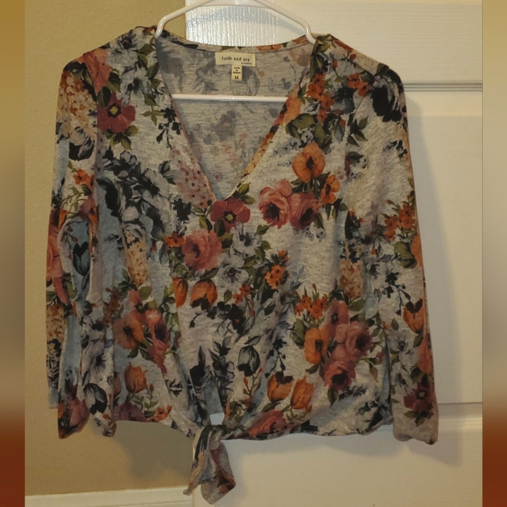 Faith and Joy floral v-neck, long-sleeved top, Medium